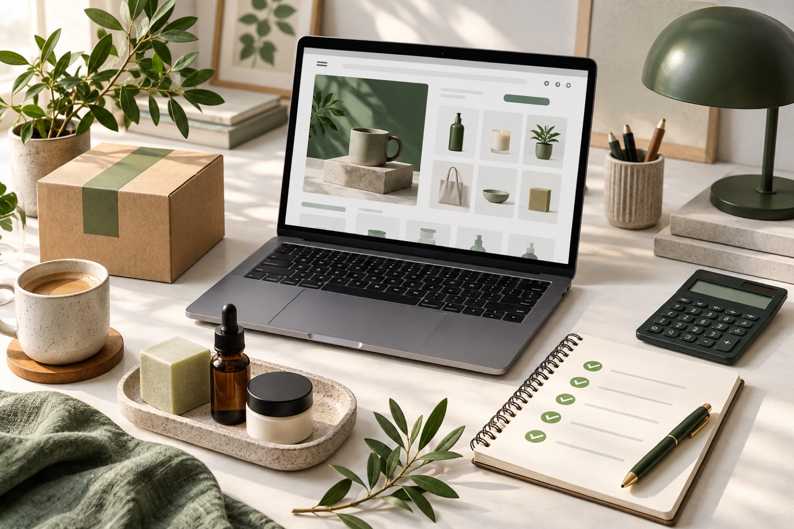 Dizüstü bilgisayar, ürünler, paket ve kontrol listesiyle e-ticaret hazırlık masası