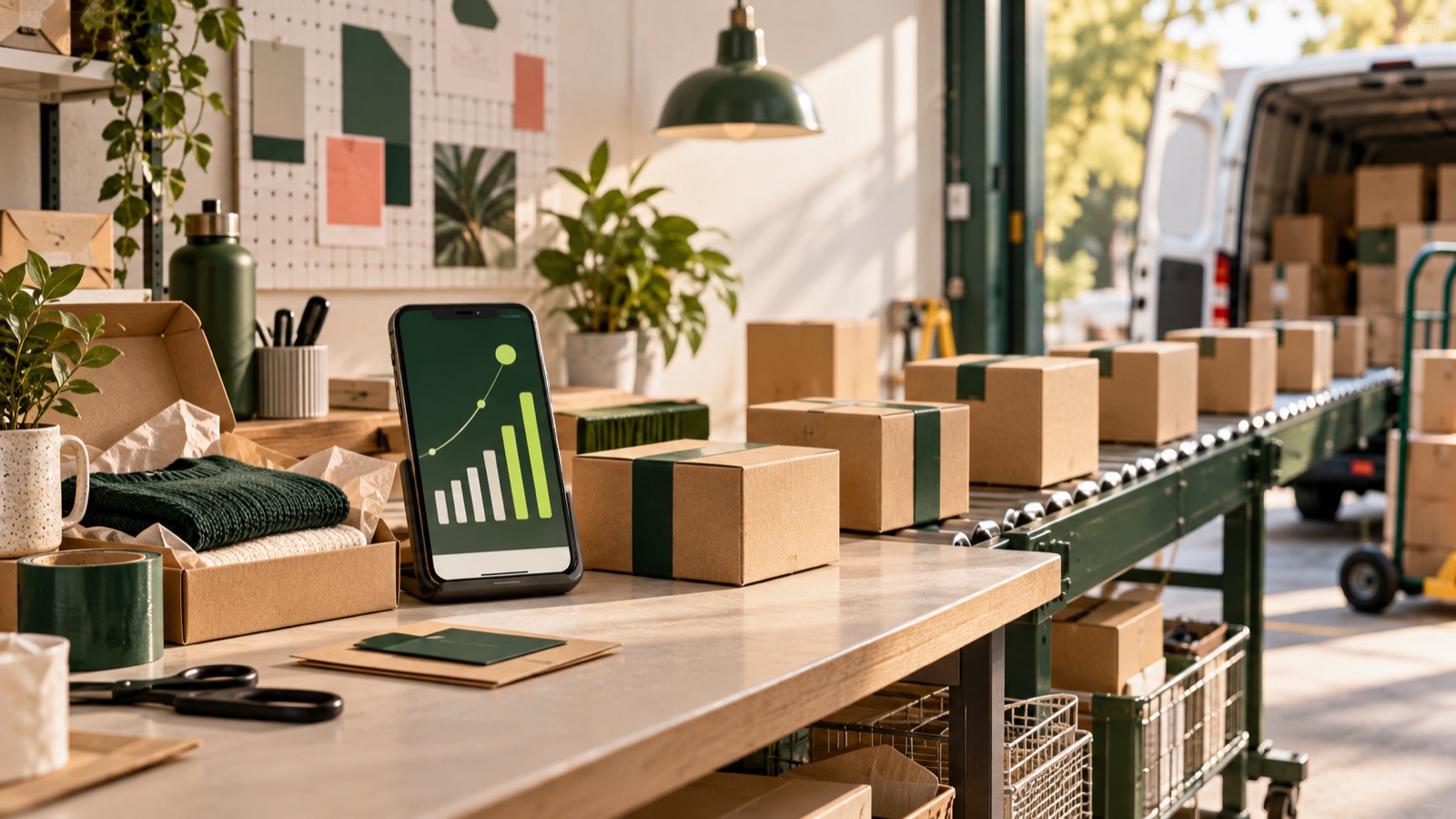 Hazırlanan sipariş paketleri ve telefonda yükselen satış grafiği
